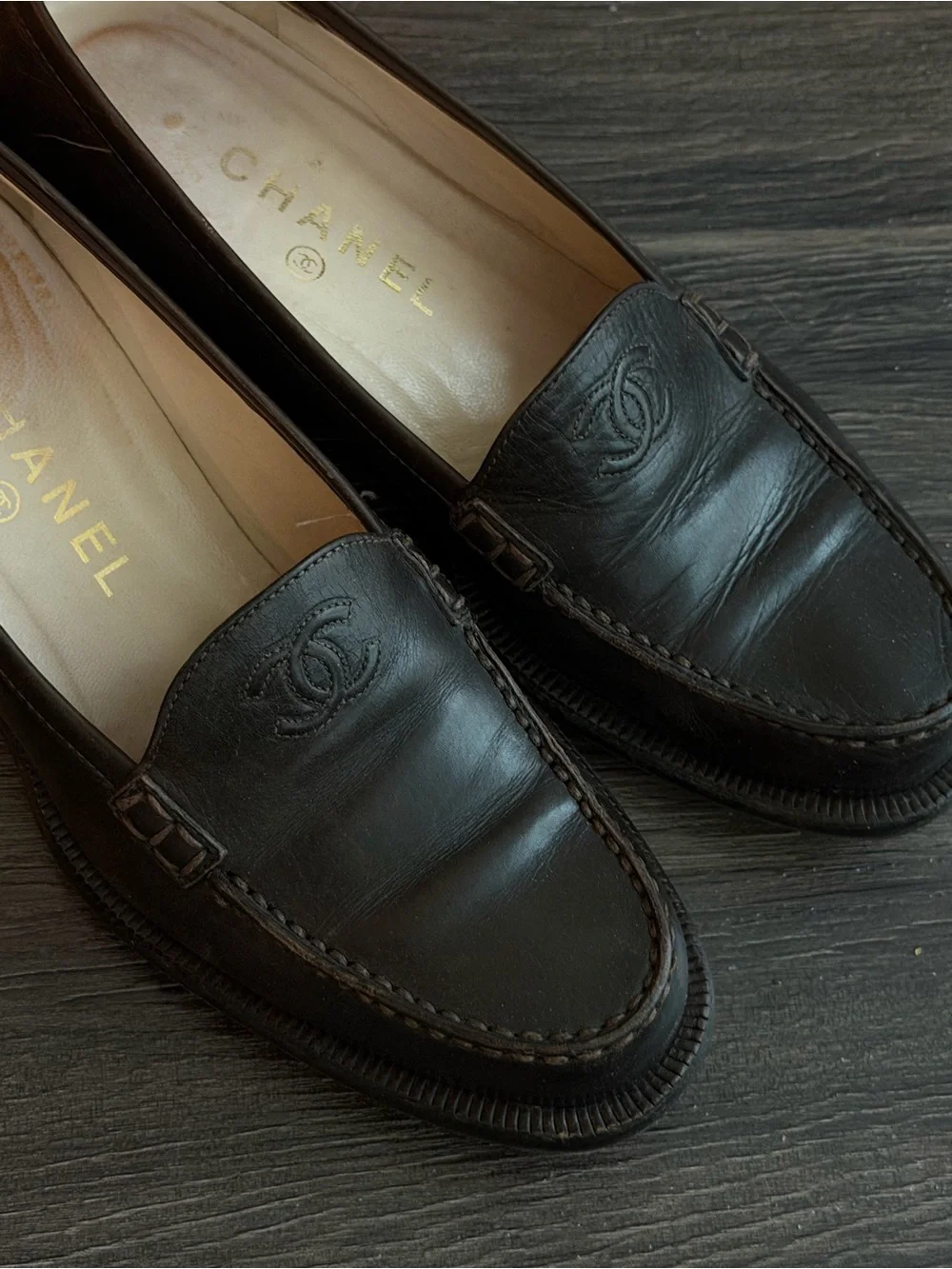 CHANEL Dark Brown Leather Penny Loafers